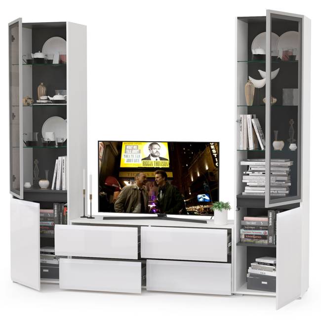 Стенка для гостиной со стеклянными фасадами Сидней № 11 цвет белый/чёрный/фасады МДФ белый глянец Стенка для гостиной со стеклянными фасадами Сидней № 11 цвет белый/чёрный/фасады МДФ белый глянец