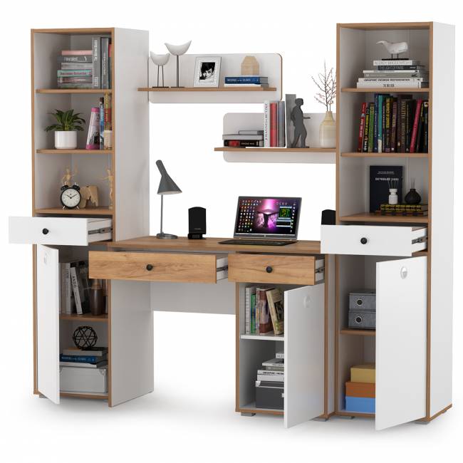 Компьютерный стол с двумя полками и двумя пеналами Вуди цвет белый премиум/дуб крафт золотой