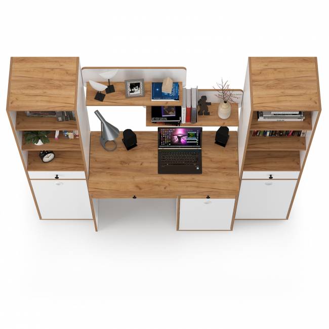 Компьютерный стол с двумя полками и двумя пеналами Вуди цвет белый премиум/дуб крафт золотой