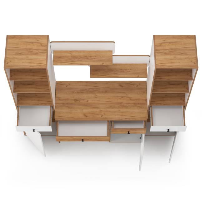 Компьютерный стол с двумя полками и двумя пеналами Вуди цвет белый премиум/дуб крафт золотой