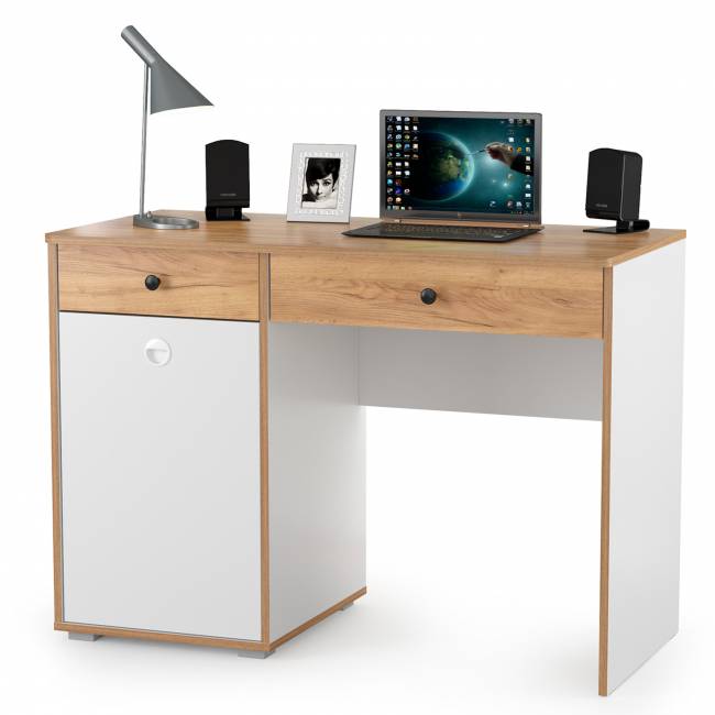 Компьютерный стол с двумя полками и двумя пеналами Вуди цвет белый премиум/дуб крафт золотой