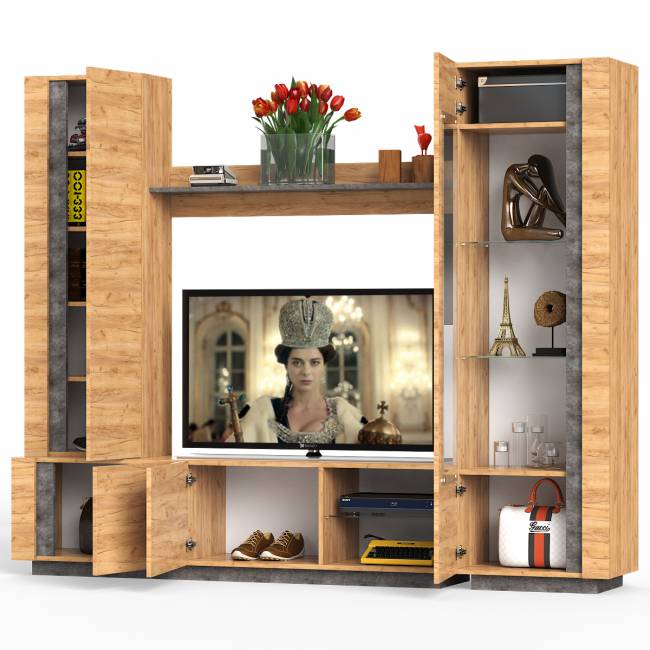 Стенка для гостиной Арчи-3 цвет дуб крафт золотой/камень тёмный