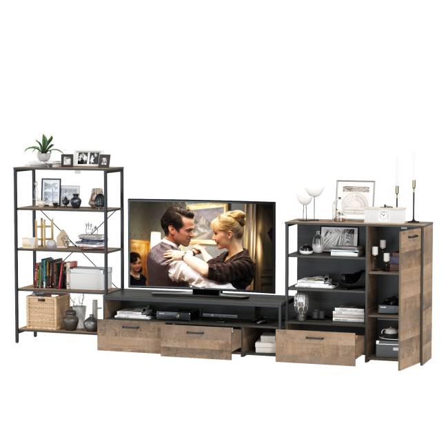 Комод с дверкой и ящиком с ТВ-тумбой для гостиной Трувор и открытый стеллаж с полками цвет дуб гранж песочный/интра Комод с дверкой и ящиком с ТВ-тумбой для гостиной Трувор и открытый стеллаж с полками цвет дуб гранж песочный/интра