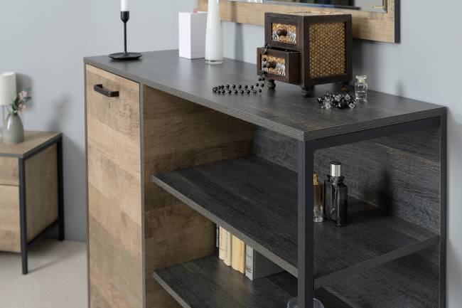 Комод с дверкой и ящиком с ТВ-тумбой для гостиной Трувор и открытый стеллаж с полками цвет дуб гранж песочный/интра Комод с дверкой и ящиком с ТВ-тумбой для гостиной Трувор и открытый стеллаж с полками цвет дуб гранж песочный/интра