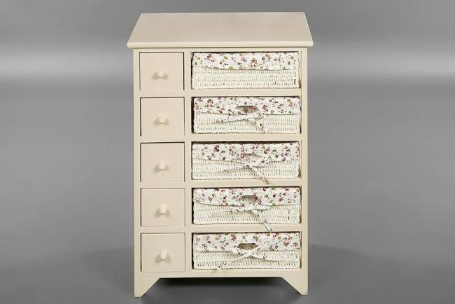 Комод с 5-ю корзинами и 5-ю ящиками Secret De Maison CABAS ( mod. 4323 ) paulownia, мдф, 50x30x73см, butter white (слоновая кость), ткань -розочки butter white (слоновая кость) дерево павловния, мдф