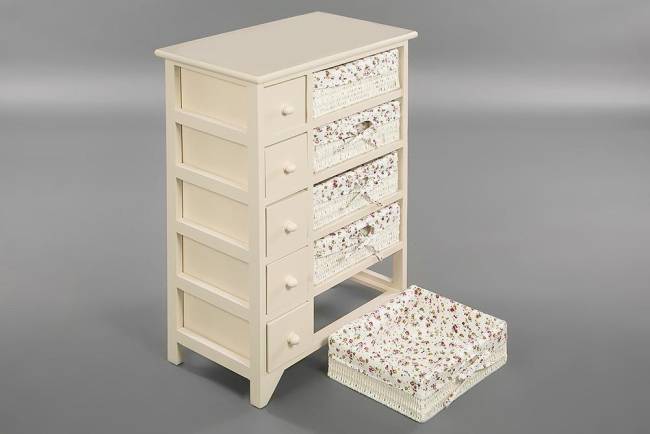 Комод с 5-ю корзинами и 5-ю ящиками Secret De Maison CABAS ( mod. 4323 ) paulownia, мдф, 50x30x73см, butter white (слоновая кость), ткань -розочки butter white (слоновая кость) дерево павловния, мдф