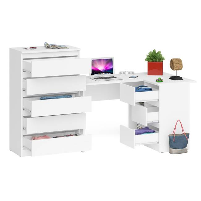 Высокий комод 700 пять ящиков и угловой компьютерный стол МС-16 правый серии Мори цвет белый Высокий комод 700 пять ящиков и угловой компьютерный стол МС-16 правый серии Мори цвет белый