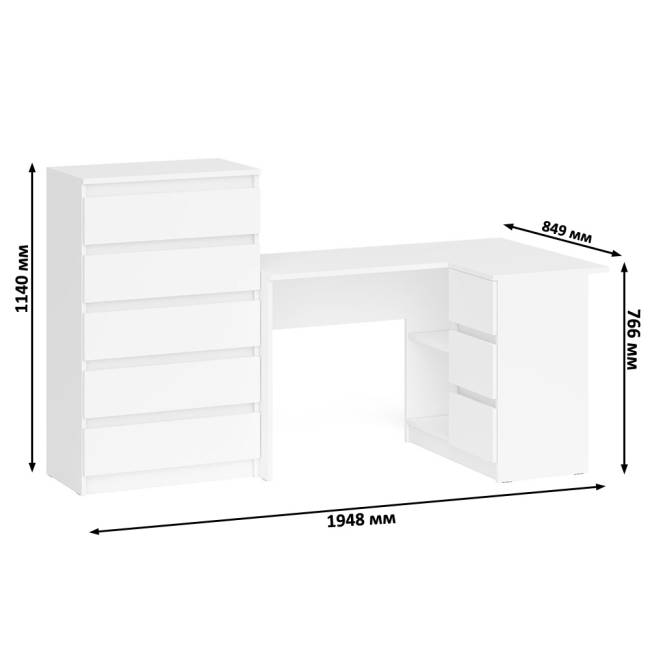 Высокий комод 700 пять ящиков и угловой компьютерный стол МС-16 правый серии Мори цвет белый Высокий комод 700 пять ящиков и угловой компьютерный стол МС-16 правый серии Мори цвет белый