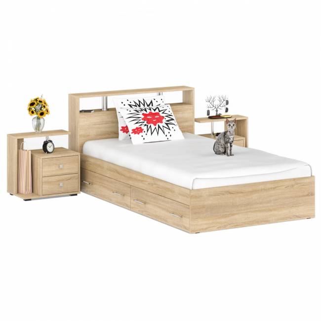 Кровать с ящиками 1200 Камелия + две тумбы цвет дуб сонома Кровать с ящиками 1200 Камелия + две тумбы цвет дуб сонома