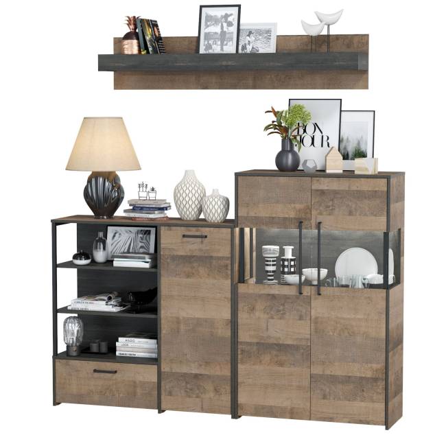 Комод с витриной с подсветкой и комод с дверкой и ящиком Трувор цвет дуб гранж песочный/интра