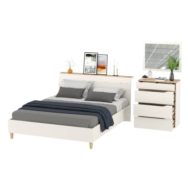 Кровать 1600 двуспальная Муссон 11.41 с основанием и комод с зеркалом цвет белый/дуб эндгрейн элегантный